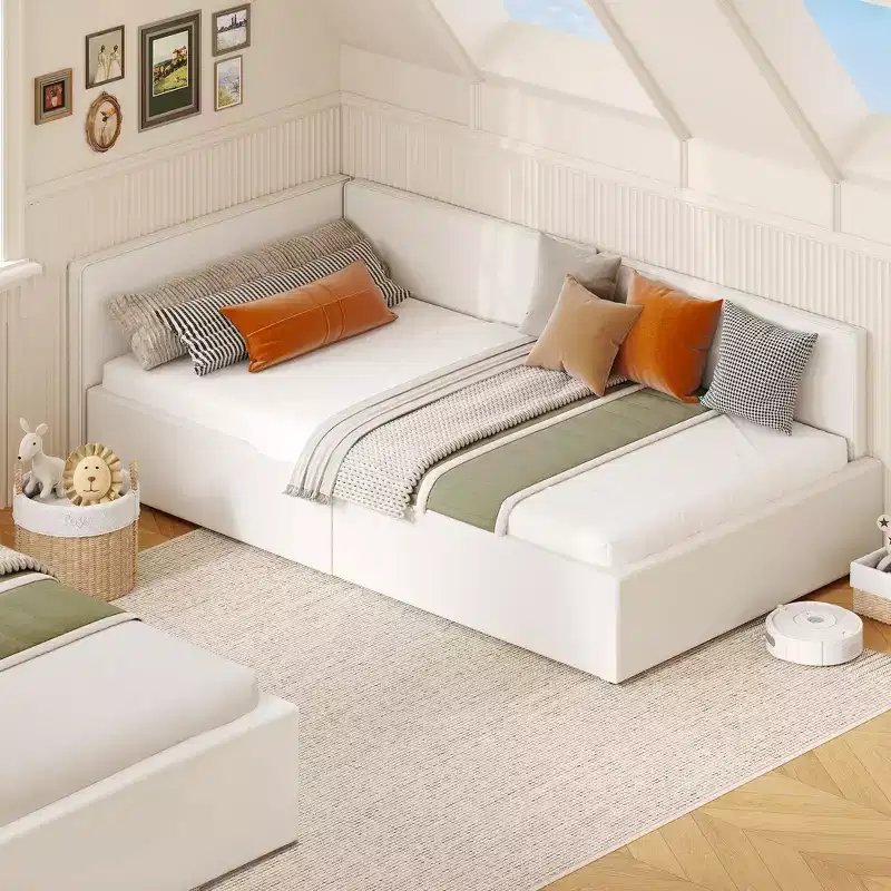 Acekool Twin Daybed with Storage Drawers, Velvet Upholstered Corner Bed Frame with Rails, Light Grey or Beige