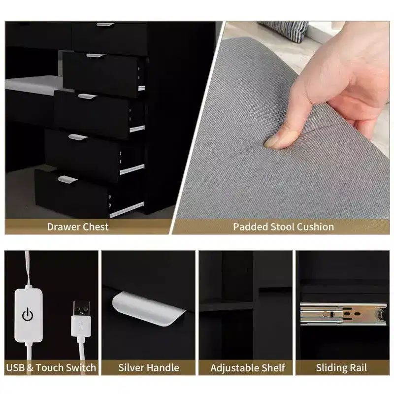 Black Particle Board Laminated with Textured Melamine Mirror Cabinet with 7 Drawers, 2 Shelves, and Dressing Table Set