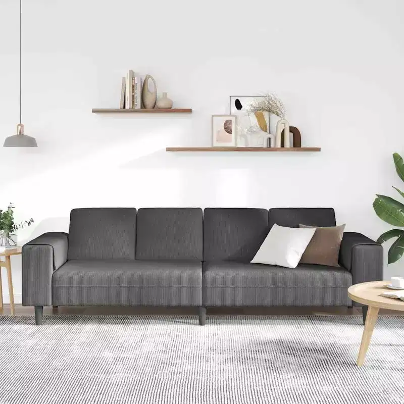 Dark Gray Corduroy Fabric Sofa with Cushions – Seats 4, No Ottoman