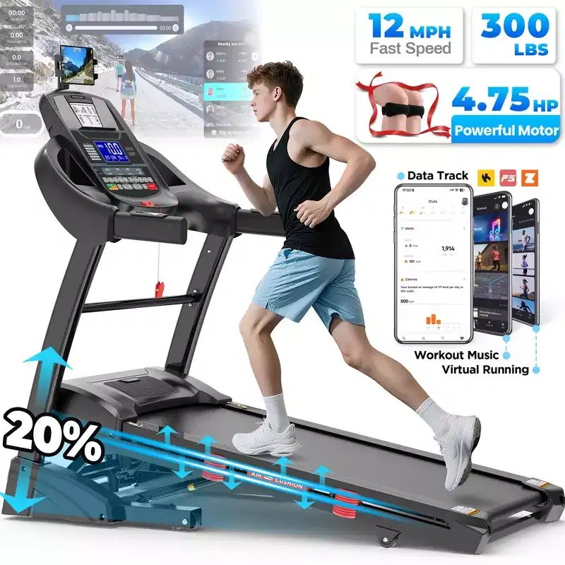 Treadmill Clearance, 4.75HP Jogging Walking Treadmill for Home/Office, 20 Auto Incline, 300 Lb Capacity, 12MPH, Bluetooth, APP & Free Train Courses