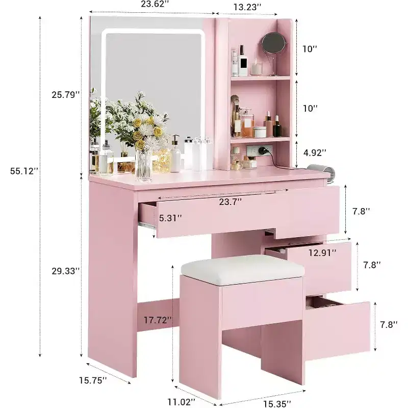Makeup Vanity Desk with Lighted Mirror and 4 Drawers, Pink