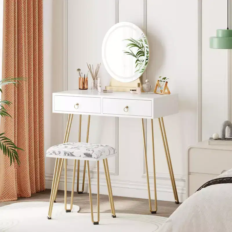 GustoWave Vanity Desk with Stool, Small Makeup Vanity Table with 3 Lighting Modes Brightness Adjustable, 32 Inch Makeup Vanity Table with 2 Drawers