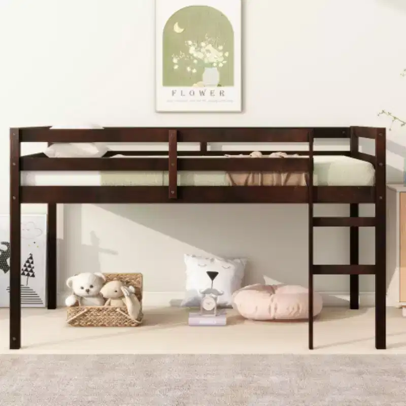 Twin High Loft Bed with Integrated Desk & Safety Guardrail, Solid Rubberwood, Grey