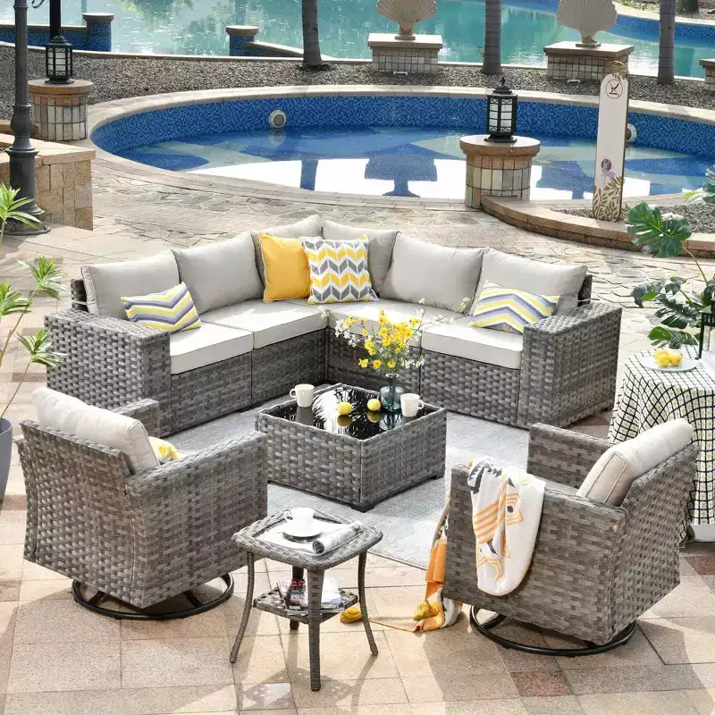 Marlton 9pc Wicker Outdoor Patio Furniture Set Conversation Sofa Sectional with Swivel Chairs and Cushions
