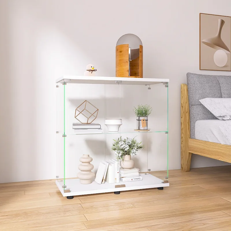 Two-door Glass Display Cabinet 2 Shelves with Door, Floor Standing Curio Bookshelf for Living Room Bedroom Office