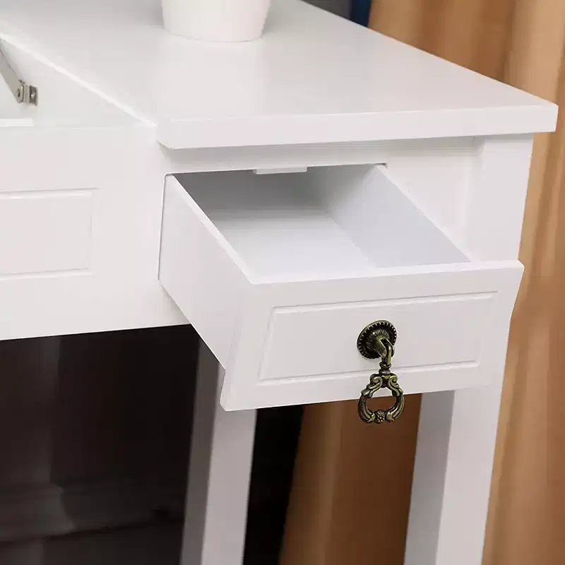 White Density Board Painted Two Drawers Flip-up Mirror Straight Legs Dressing Table Set