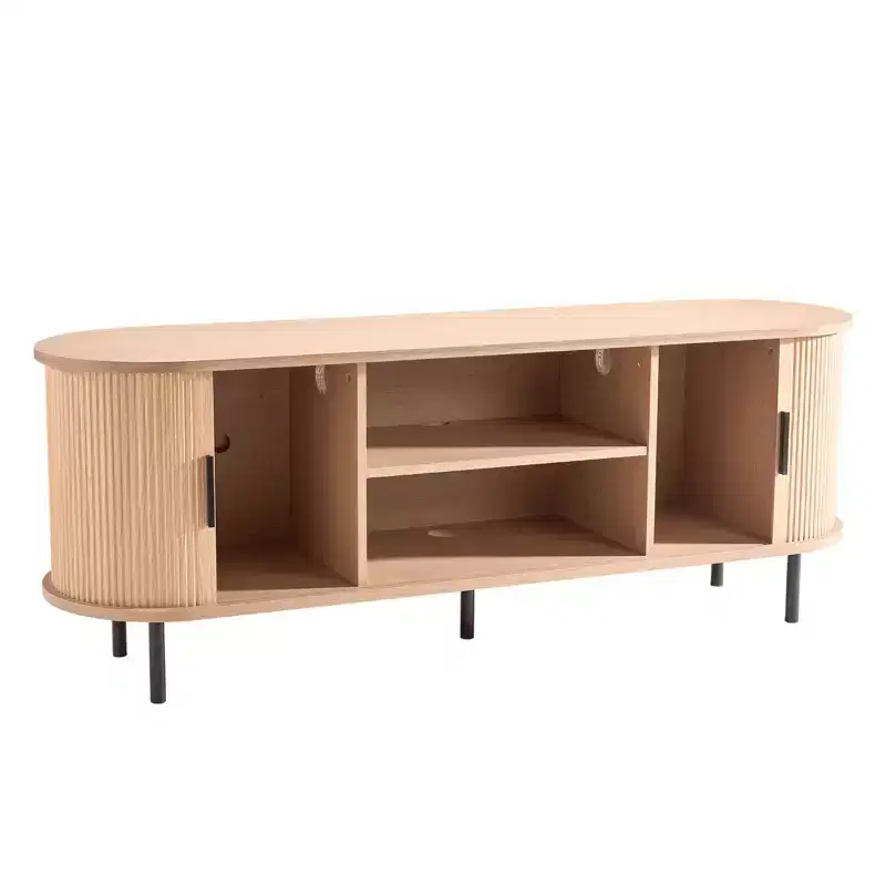 VEVOR TV Stand, Boho Entertainment Center for TVs up to 58 in, 350 lbs Load, Adjustable Storage Shelves and Rolling Door, Wood Color