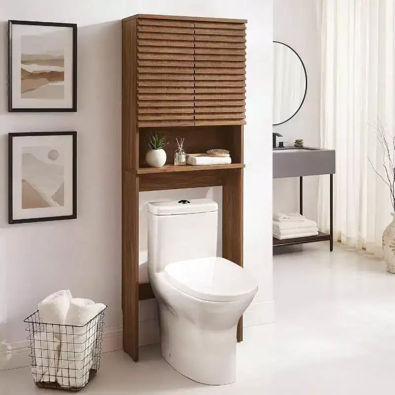 Modern Toilet Storage Cabinet in Walnut with Open Shelf and 2 Soft - Close Doors Wall Mounted Linen Organizer Adjustable Shelves