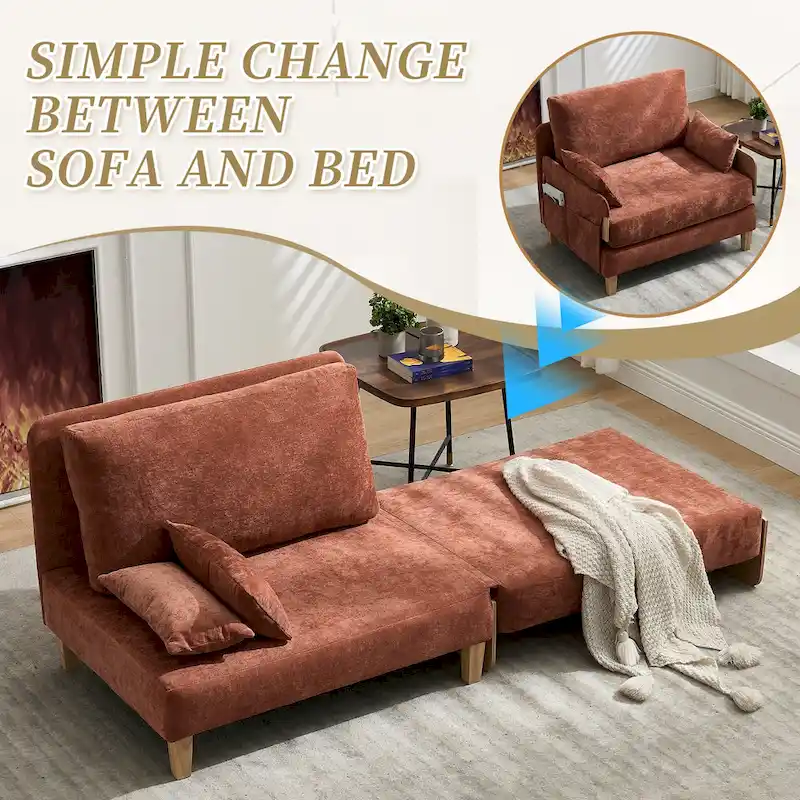 Chenille Upholstered Convertible Sleeper Recliner Foldable Chair Bed with 3 Pillows
