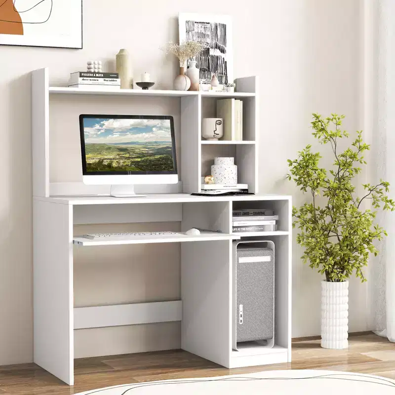 Computer Desk with Charging Station Hutch and CPU Stand White