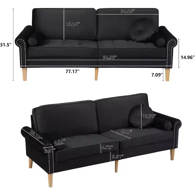 78 Black Velvet Luxurious Seater Sofa, Rubber Wood Legs 2 Round Curved Armrest Tufted Button High Resilience Sponge Cushion Couch Stud Embellishments