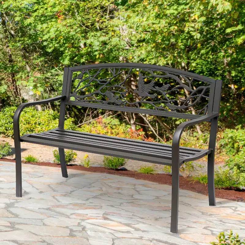 Outsunny 50 Vintage Animal Pattern Garden Cast Iron Patio Bench, Outdoor Furniture Loveseat Chair with Backrest and Armrest for Yard, Lawn, Brown