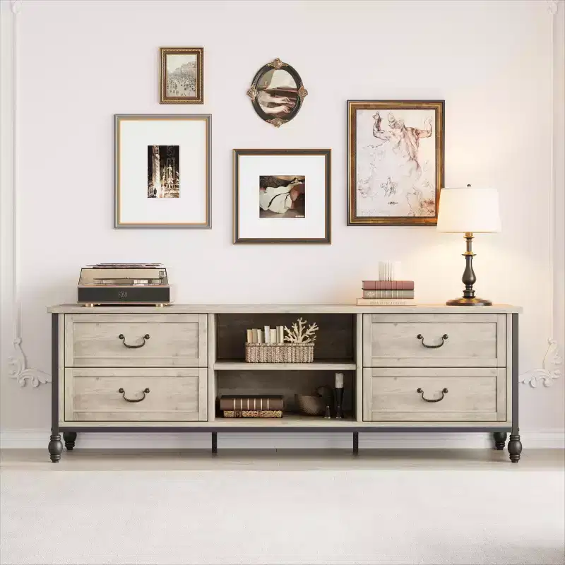 TV Console with Storage, Mid-Century Modern TV Unit with 4 Metal Roman Columns and 4 Drawers for Living Room