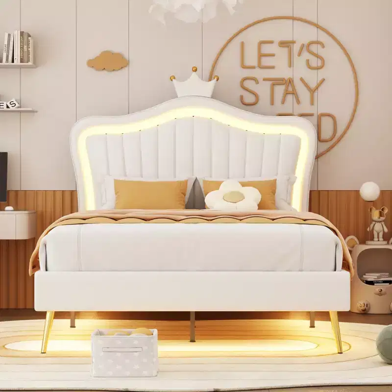 Crown Headboard Full Size Princess Bed Upholstered Full Bed Frame with LED Lights Adjusted Headboard for Girls, White