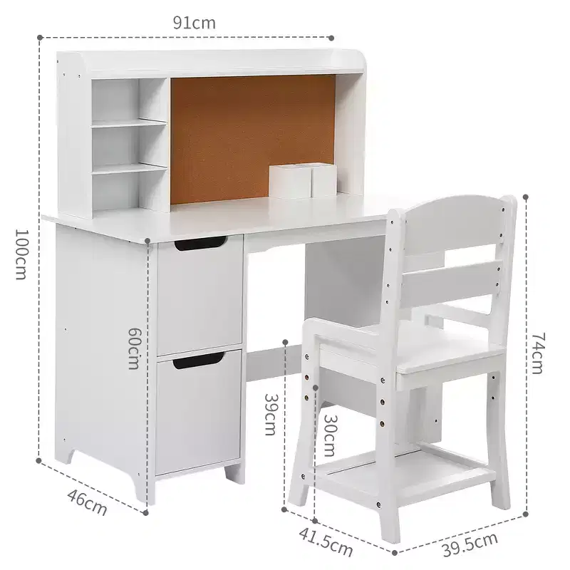 Kids Study Desk with Chair & Bookshelf - White Writing Desk Set with Bulletin Board, Storage Cabinets for Ages 3-8