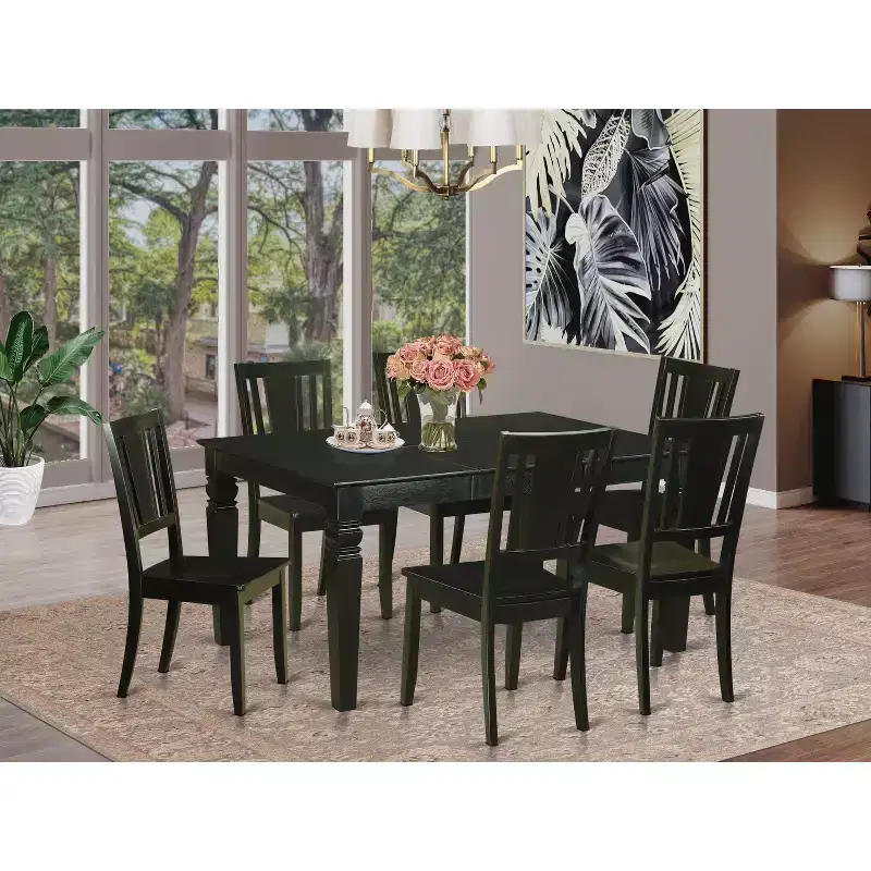 HomeStock 7-Piece Rectangle Black Finish Solid Wood Top Dining Table with 6 Chairs