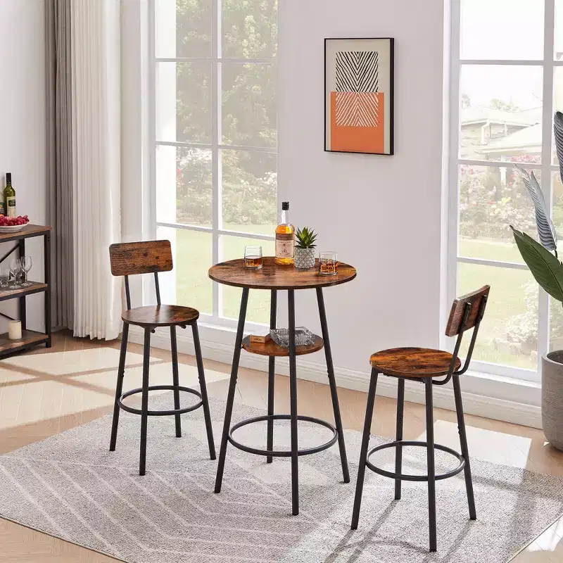 Round Bar Stool Set with Shelves, Rustic Backrest Stools for Home Bar and Kitchen