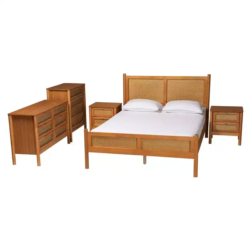 Baxton Studio Jenn Golden Brown Wood Japandi 5-Piece Queen Size Bedroom Set with Distressed-Finished Rattan