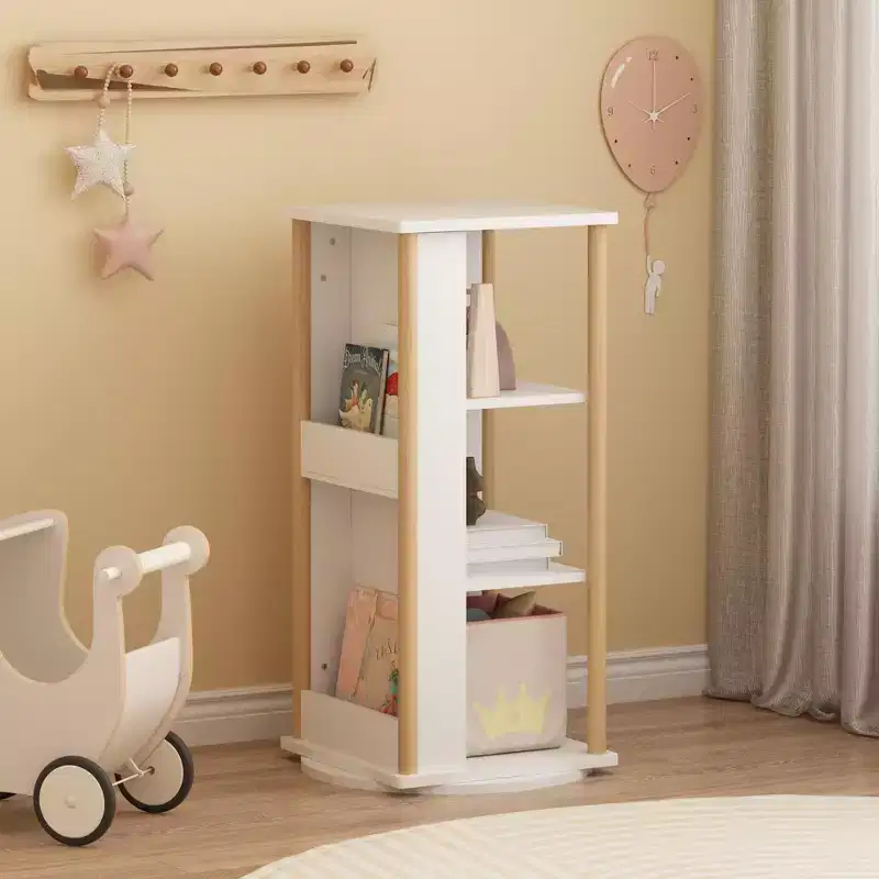 360 Rotating Kids Bookshelf with Chalkboard, 3-Tier Wooden Revolving Bookcase and Toy Storage Organizer for Nursery & Playroom