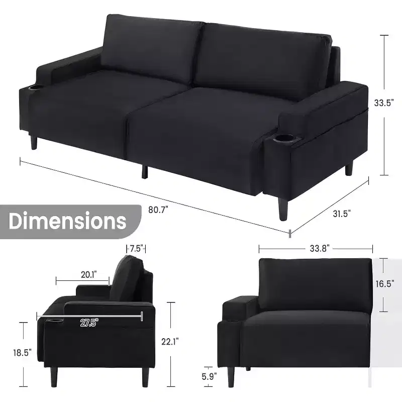 81'' Modern Loveseat Sofa, Small Couches with Cup Holder & Storage Bag, 3-Seater Deep Seating with Soft Cushions & Sturdy Frame for Home Office