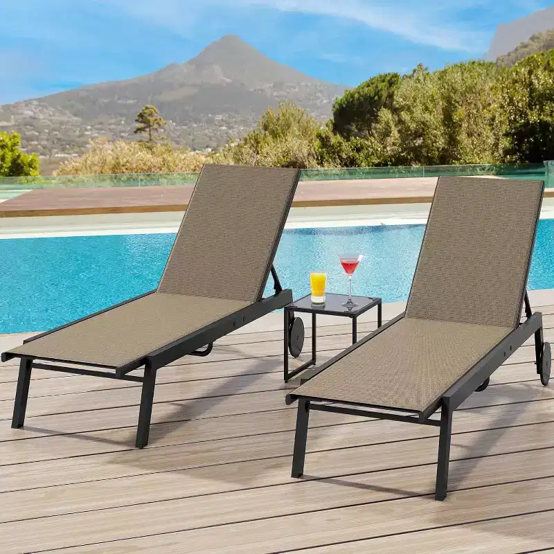 2 Patio Chaise Lounge Chairs with Side Table, Adjustable Reclining Outdoor Lounger with Wheels, for Poolside, Garden, Yard, Brown