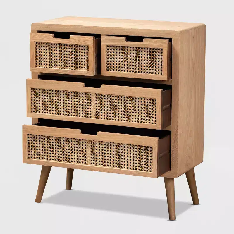 Alina Wood and Rattan 4 Drawer Accent Chest Oak - Baxton Studio: Small Profile, Bohemian Vibe, Ample Storage