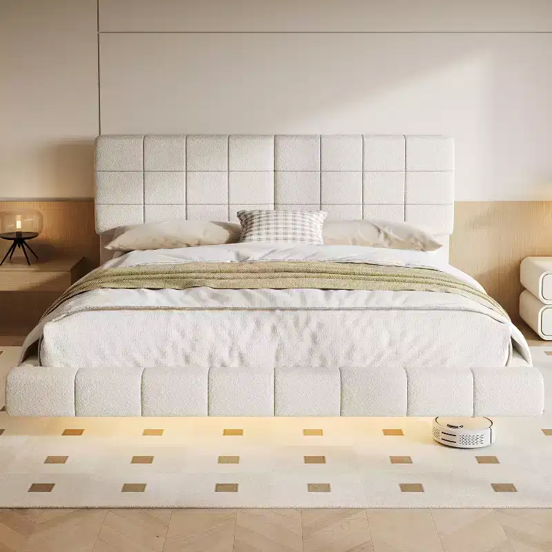 Upholstered Platform Bed Frame Floating Bed with Light & Headboard, White