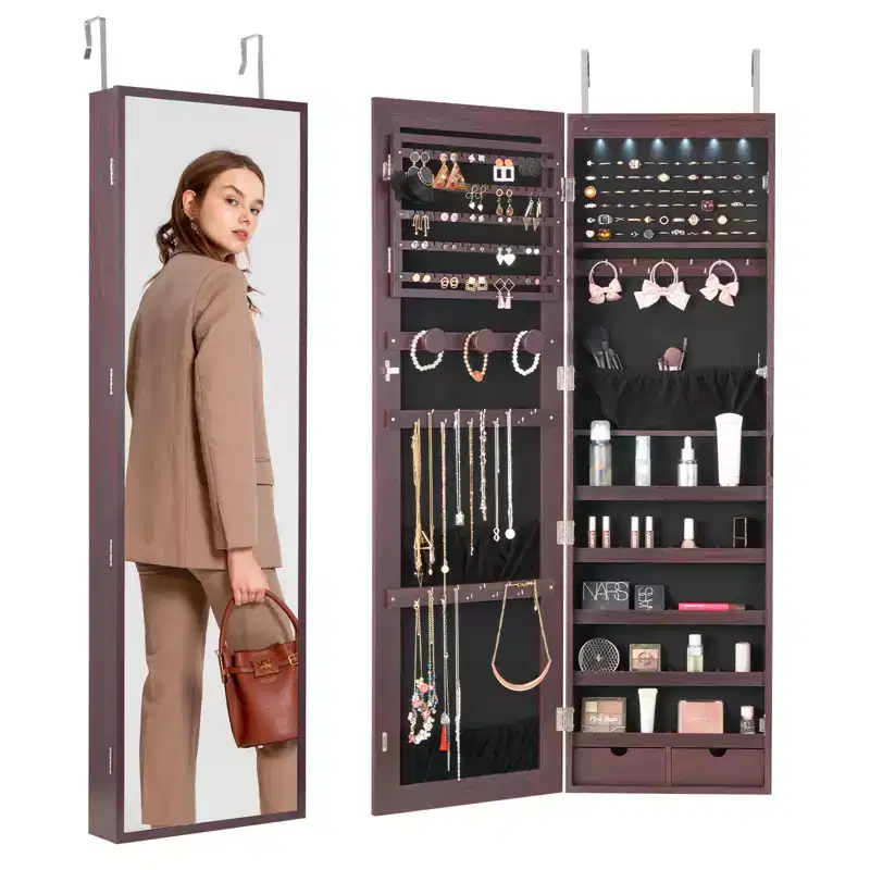 VEVOR Mirror Jewelry Cabinet, 47.05-Inch Tall Lockable Jewelry Cabinet Armoire with Full-Length Mirror, Wall or Door Mounted Jewelry Mirror, Brown