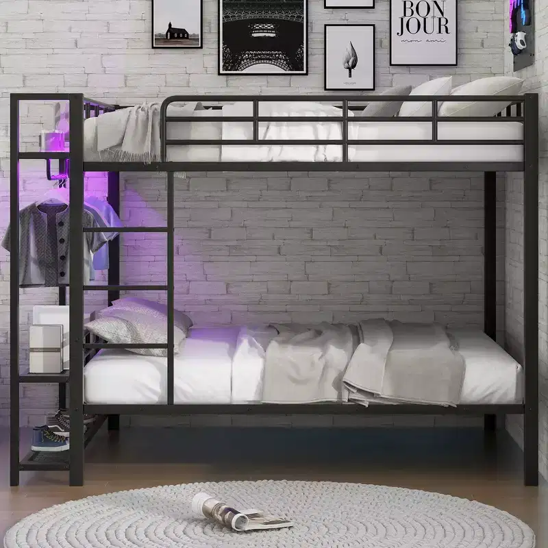 Full Size Metal Bunk Bed with LED Light Strips (7 Colors), Open Storage Shelves & Hooks