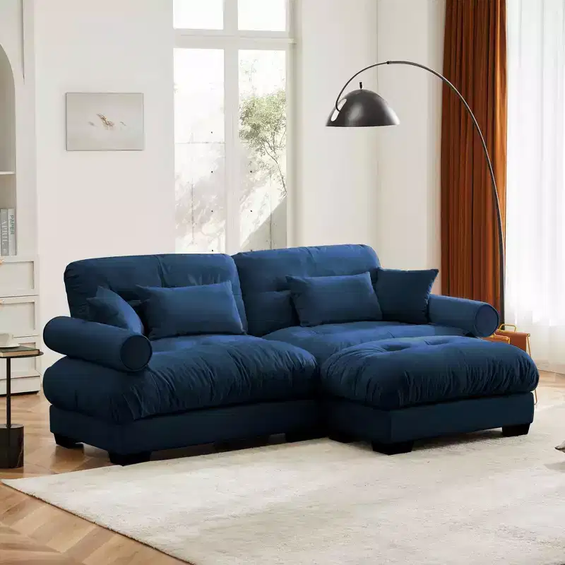MAYEERTY Modern Two Seater Sofa with Ottoman 2 Round Bolster Armrest Waist Pillows Thrown Pillows for Living Room Blue