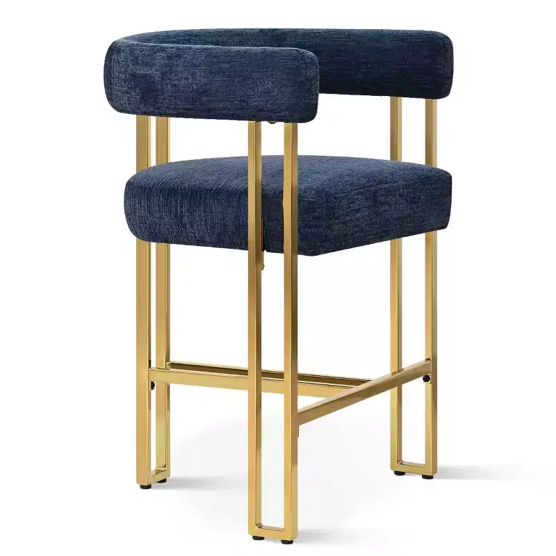 Set of 3 Counter Height Bar Stools with Backs and Arms, Modern Chenille Upholstered Kitchen Island Chairs with Gold Metal Legs - Panipeachy
