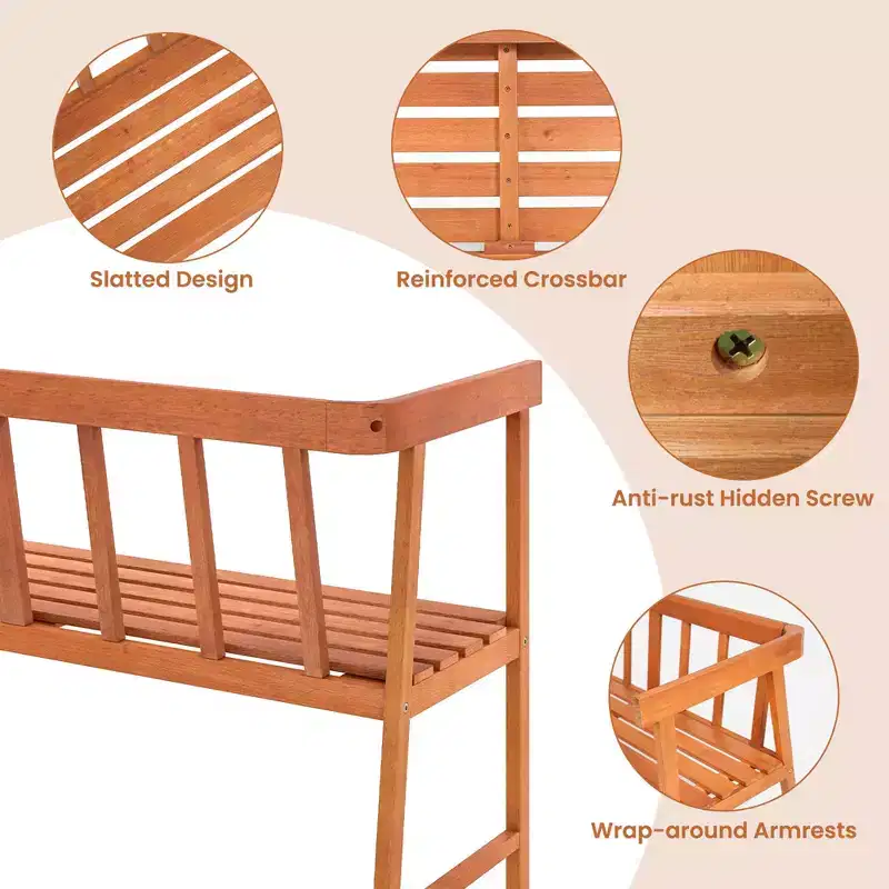 Costway Patio Eucalyptus Wood Bench 2-Person Slatted Seat Backrest 800 Lbs Natural
