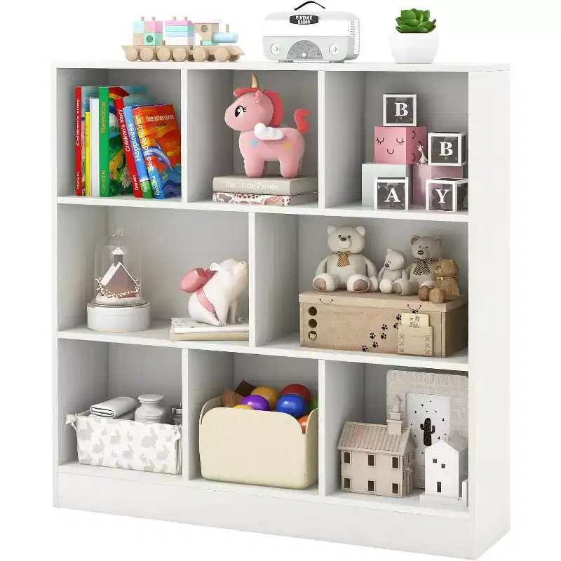 Kids Toy Storage Organizer 8-Section Wooden Floor Cabinet Toy Chest 3-Tier Display