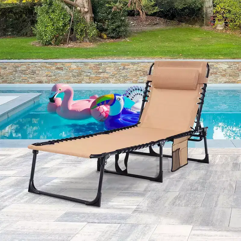 Summit Adventure 400lb Heavy-Duty Folding Chaise Lounge - Adjustable Recliner with Pillow for Patio, Pool & Camping (Beige)