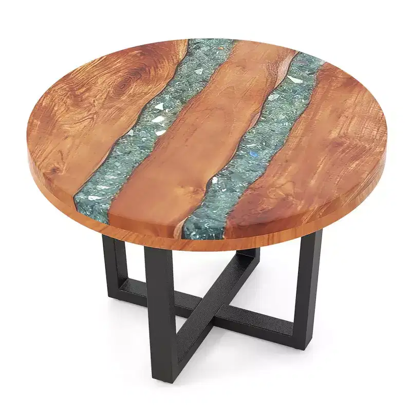 24 Round Teak Wood End Table with Epoxy Resin Tabletop Mahogany Base for Patio