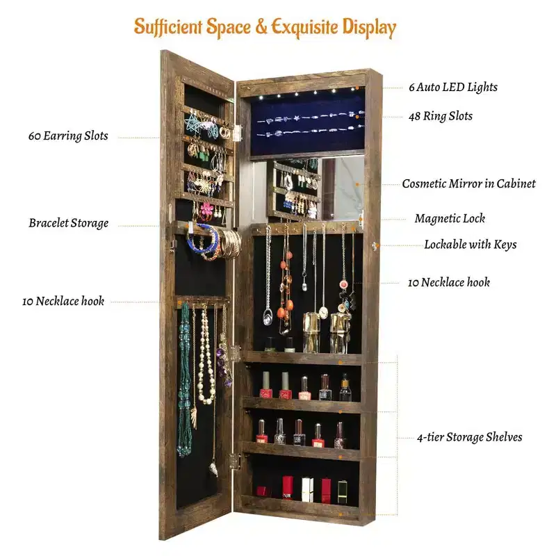 Wall Door Mounted Jewelry Cabinet with Lights, Lockable Jewelry Organizer Box, Hanging Jewelry Organizer with Large Storage Capacity