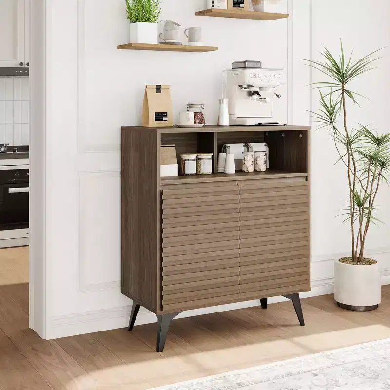 Fluted Storage Cabinet with Metal Legs, Mid Century Modern Sideboard, Buffet Credenza with Storage