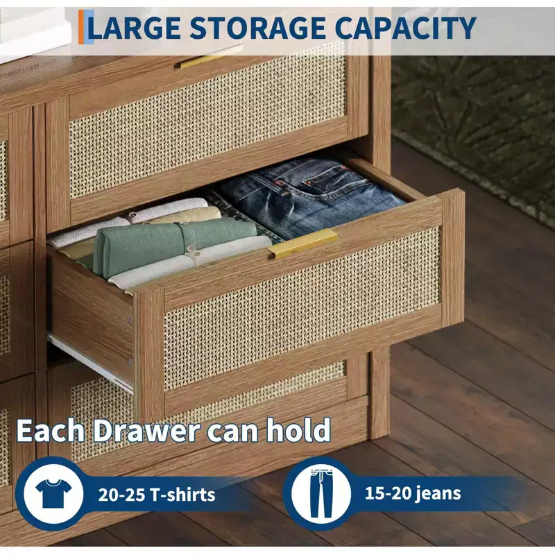 GustoWave 6 Drawer Dresser for Bedroom, 52.7 Wide Rattan Dresser, Wooden with Gold Handles, Farmhouse Tv Stand Entryway Table, Chest of Drawers