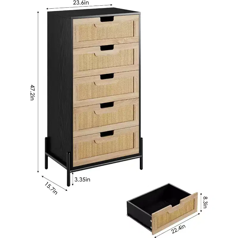 Natural Rattan 5-Drawer Dresser with Metal Legs, Modern Farmhouse Storage Cabinet