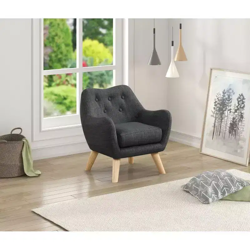 19.5W Linen Kids Accent Chair with Button Tufted Back & Wooden Legs