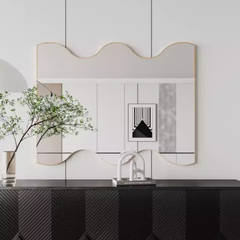 30x35 Golden Rectangular Wall Mirror with Wavy Sides: Metal Frame, Vanity, Dressing - Elegant for Bath, Living, Bed