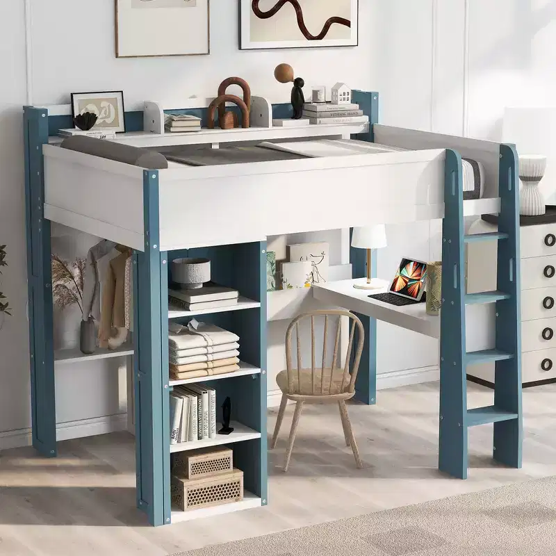 Whisen Wood Full Size Loft Bed with Storage Shelves, Clothes Rails and Desk