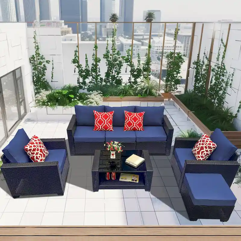 7 Piece Patio Furniture Set, Outdoor PE Rattan Wicker Sectional Sofa Set with 2 Sofa Chairs and Tempered Glass Table