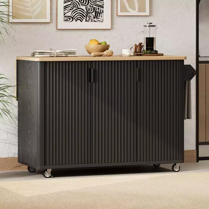 Whisen 51 Fluted Drop Leaf Kitchen Island & Farmhouse Rolling Cart with Internal Storage Rack, Towel Rack