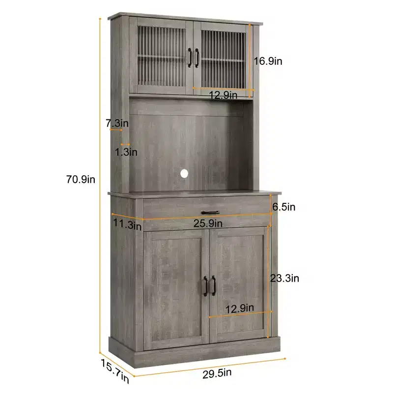 71 Kitchen Pantry Storage Cabinet with Glass Doors and Microwave Stand, Freestanding Tall Kitchen Cabinet