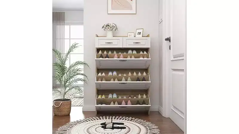 Shoe Cabinet with 3 Flip Drawers, 2 Storage Drawers, Freestanding Modern Shoes Organizer for Hallway, Bedroom , Entryway Storage White