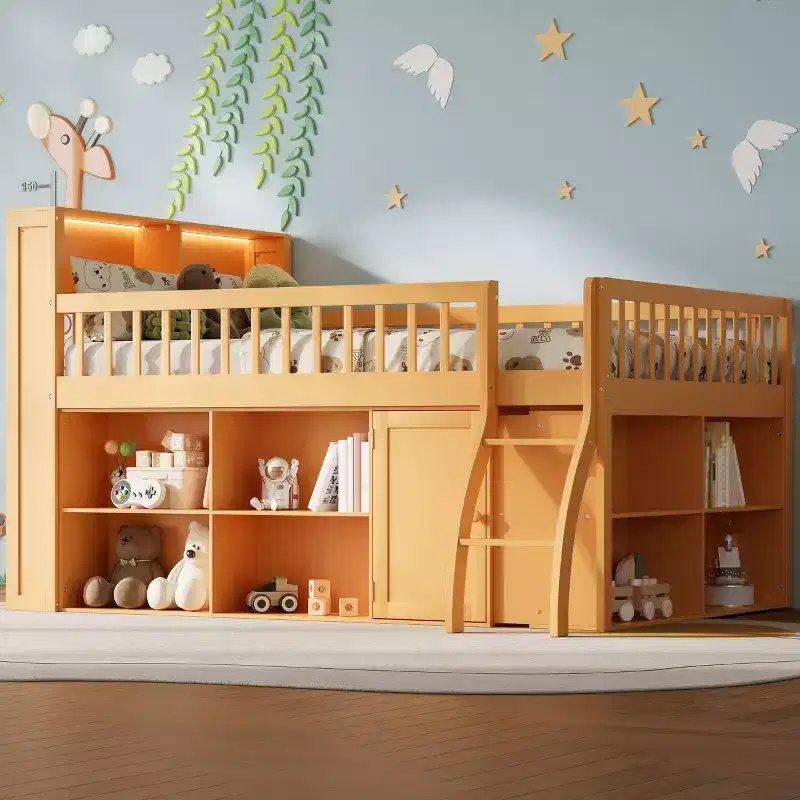 Full/Queen Size Loft Bed with Built-in Shelves & LED Headboard Light