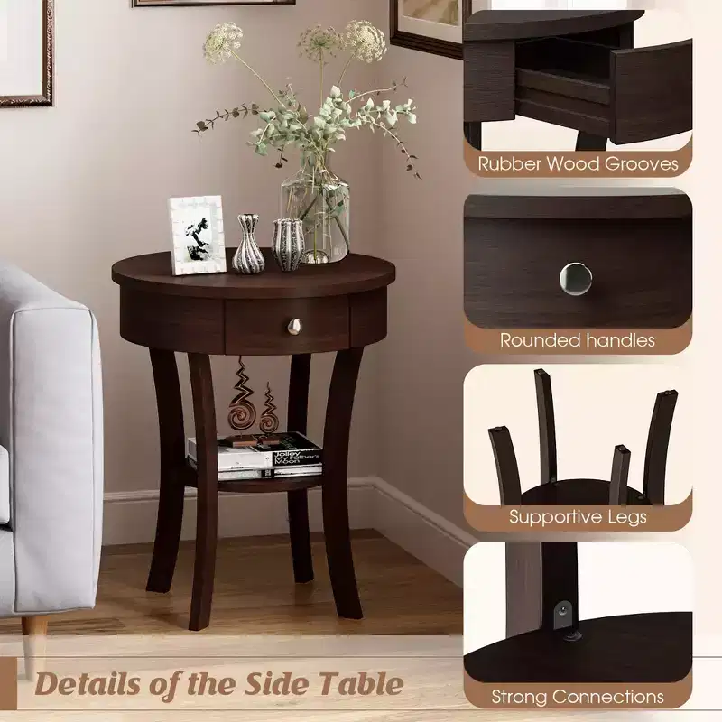 tier Side End Sofa Table Round Nightstand Bedroom Living Room White/Espresso/Black