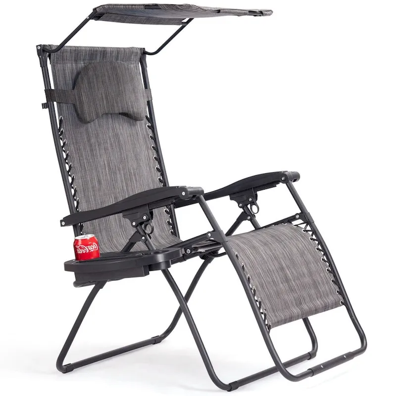 Folding Recliner Lounge Chair w/ Shade Canopy Cup Holder - Gray