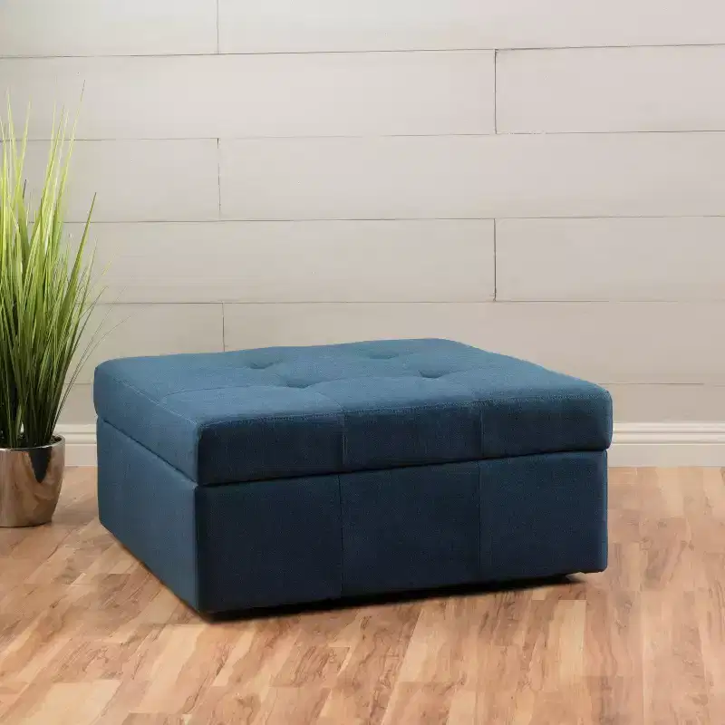 TUYOHW Square Storage Ottoman with Large Capacity, Entryway Bench with Pressure Hinges, Foot Stool End of Bed Bench for Living Room, Navy Blue
